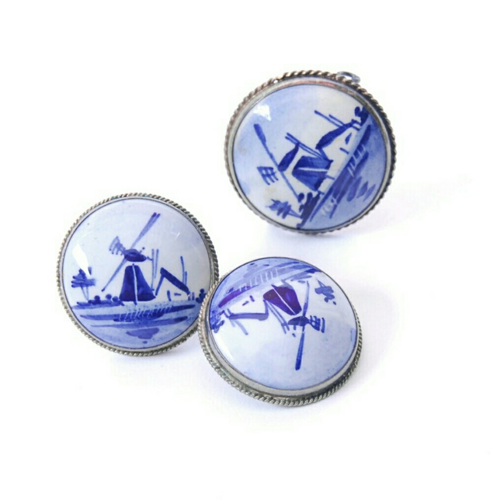 Vintage Dutch Delft Porcelain & Sterling Windmill jewelry set, trad blue & white